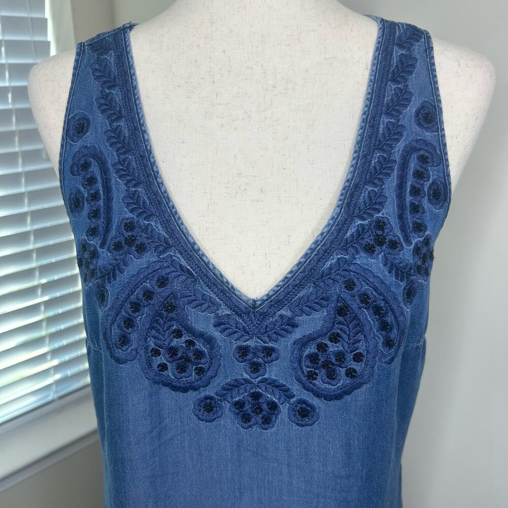 Beige by eci dress Size Medium Fringe Unique V Neck Chambray